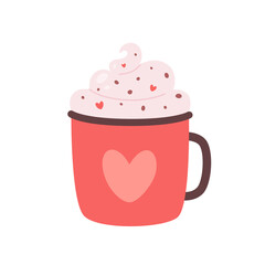 Valentines Day hot drink. Coffee cup with cream, chocolate drops and hearts. Vector illustration.