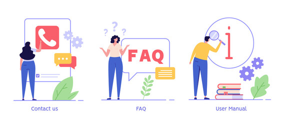 Woman calling support service. User finding answer in faq. Man reading user manual. Set of contact us, user guide, faq, questions and answers. Collection of vector flat illustration for banner, UI