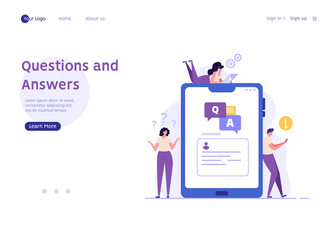 People asking question in support chat. Customers finding answer. Concept of customer guide, support chat, faq, questions and answers. Vector illustration flat design for banner, landing page template