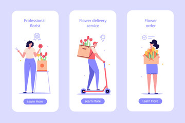 Woman making floral composition. Courier riding scooter and delivering flowers order. Set of flower delivery service, flower shop. Vector flat illustration for banner, mobile app, onboarding screen