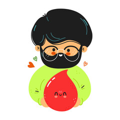 Young cute funny man hold blood drop in hand. Blood donor hugs cute blood drop. Vector hand drawn doodle style cartoon character illustration icon design. Isolated white background