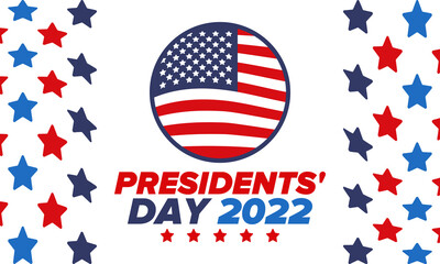 Happy Presidents day in United States. Washington's Birthday. Federal holiday in America. Celebrated in February. Patriotic american elements. Poster, banner and background. Vector illustration