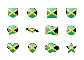 Jamaica - set of shiny flags of different shapes.