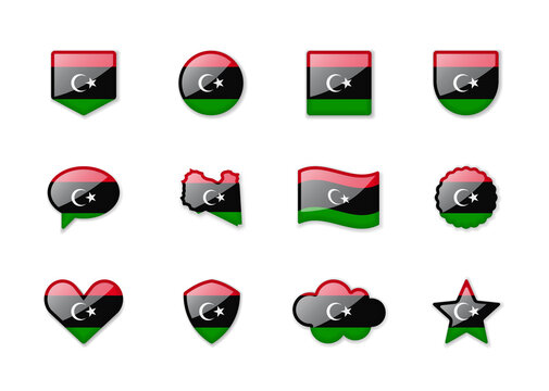 Libya - set of shiny flags of different shapes.