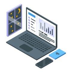 Laptop late work icon isometric vector. Night overtime
