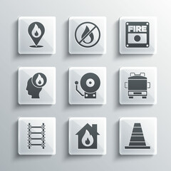 Set Fire in burning house, Traffic cone, truck, Ringing alarm bell, escape, Firefighter, Location with fire flame and system icon. Vector