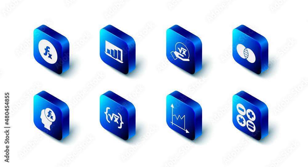 Poster set laptop with graph chart, square root of x glyph, mathematics sets a and b, calculator, graph, sc