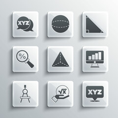 Set Square root of x glyph, XYZ Coordinate system, Computer monitor with graph chart, Geometric figure Tetrahedron, Drawing compass, Magnifying glass percent, and Triangle math icon. Vector