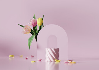 3D display podium pastel pink flower  background. Tulip blossom falling down. Nature minimal pedestal for beauty, cosmetic product presentation. Valentine, feminine copy space template 3d render