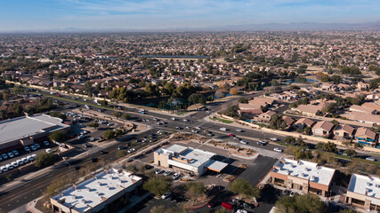 Fototapeta na wymiar Afternoon aerial view of dense urban core of Surprise, Arizona, USA.