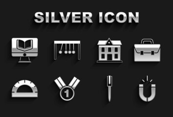 Set Medal, Briefcase, Magnet, Pen, Protractor grid, School building, Online class and Pendulum icon. Vector