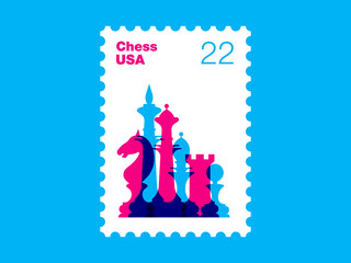 Silhouettes of chess pieces. King, Queen, rook, knight, Bishop, pawn. Chess USA postage Stamp. Vector chess isolated on white background.