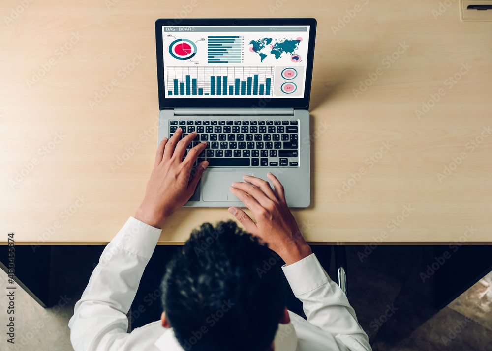 Poster business data dashboard analysis by ingenious computer software . investment application display bus