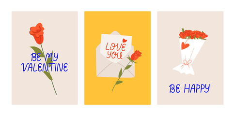 Valentine's day greeting cards with lettering. Vector hand drawn quotes love you, be my valentine and be happy. Envelope with letter and roses illustration