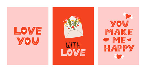 Cute valentine's day greeting cards with lettering. Vector hand drawn quotes love you, with love and you make me happy. Pink and red postcards. Envelope with letter and flowers