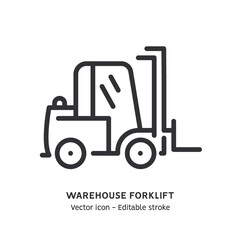 Warehouse forklift line icon. Warehouse truck, global logistic industry, work transport flat outline icon. Editable stroke
