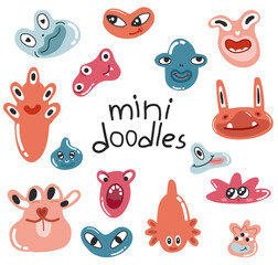 Funny cartoon doodle characters. Acid style, laughing and smiling faces, with big eyes, 60s, 70s. Isolated on white background