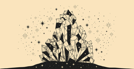 Vector shining precious magic crystal decorated with magician faceted stars light. Illustration Mystical esoteric symbol. Gothic pattern design print card, T-shirt. Brown on light yellow background