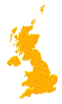 Vector Golden map of United Kingdom. Map of United Kingdom is isolated on a white background. Golden particles texture based on solid yellow map of United Kingdom.