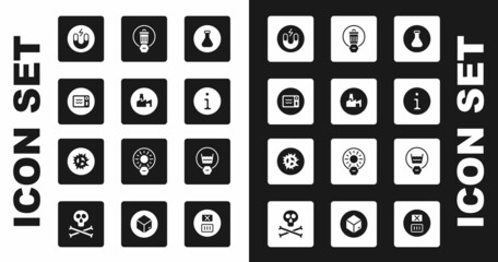 Set Test tube and flask, Factory production, Microwave oven, Magnet, Information, Trash can, Delicate wash and Bomb explosion icon. Vector