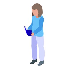 Girl disability reading icon isometric vector. Syndrome down