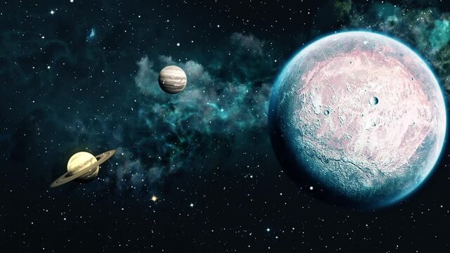 Space travelling loop video. 3d rendering. Planets over a glowing blue nebula. Eternal Galaxy.
