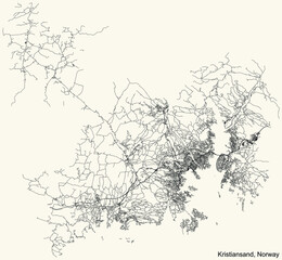Detailed navigation black lines urban street roads map of the Norwegian regional capital city of KRISTIANSAND, NORWAY on vintage beige background
