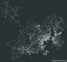Detailed navigation black lines urban street roads map of the Norwegian regional capital city of KRISTIANSAND, NORWAY on vintage beige background