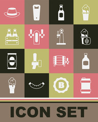 Set Metal beer keg, Beer bottle, Glass of, tap, Pack bottles, Oktoberfest hat and icon. Vector