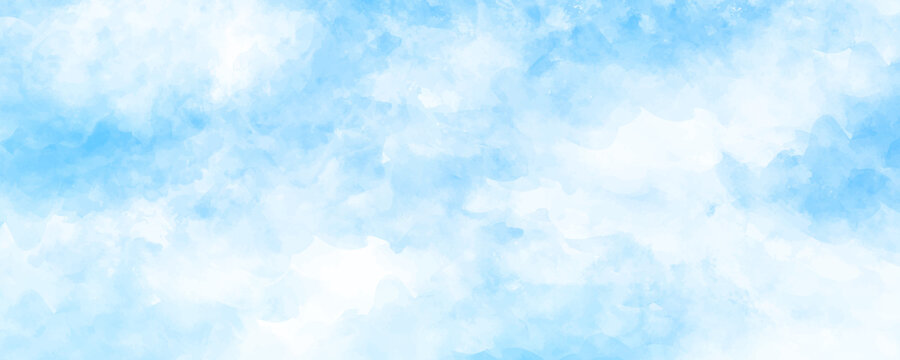 Vector watercolor art background with white clouds and blue sky. Hand drawn vector texture. Heaven. Pastel color watercolour banner. Template for flyers, cards, poster, cover.	
