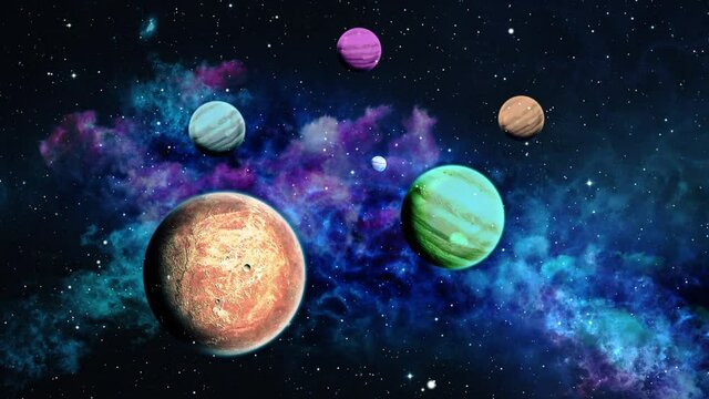 Space traveling loop video. 3d rendering. Planets Over a Glowing Purple Nebula. Eternal Galaxy.