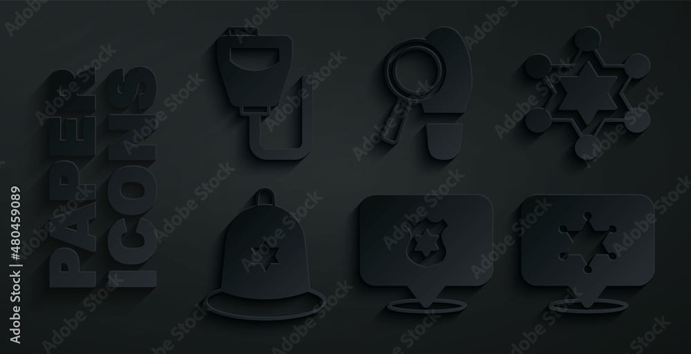 Sticker Set Police badge, Hexagram sheriff, British police helmet, Footsteps and Walkie talkie icon. Vector