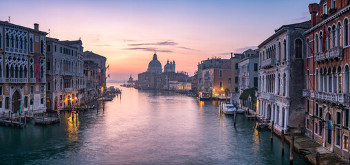 Panoramic view of the Grand Canal at sunrise, Venice, Italy