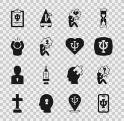 Set Psychologist online, Head with question mark, Psychology, Psi, Broken heart or divorce, Man graves funeral sorrow, Anger, and icon. Vector