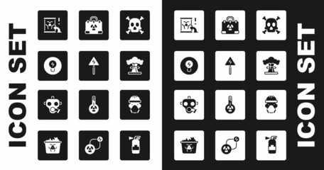 Set Bones and skull warning, High voltage sign, Light bulb with concept of idea, Radioactive waste barrel, Nuclear explosion, Radiation nuclear suitcase, reactor worker and Gas mask icon. Vector