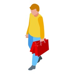 Syndrome down boy goind to shoping icon isometric vector. Child day