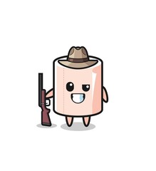 tissue roll hunter mascot holding a gun