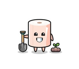 cute tissue roll cartoon is planting a tree seed