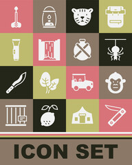 Set Swiss army knife, Monkey, Spider, Tiger head, Waterfall, Flashlight, Arrow and Canteen water bottle icon. Vector