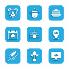 Set Igloo ice house, Canadian totem pole, maple leaf, Hockey puck, Canada day with, Stack of pancakes and Bear head icon. Vector