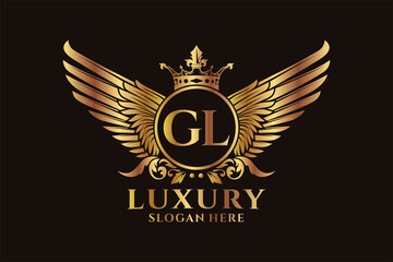 Luxury royal wing Letter GL crest Gold color Logo vector, Victory logo, crest logo, wing logo, vector logo template. - obrazy, fototapety, plakaty