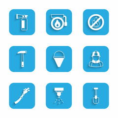 Set Fire cone bucket, sprinkler system, shovel, Firefighter, hose reel, axe, No fire and extinguisher icon. Vector