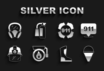 Set Ringing alarm bell, Emergency call 911, Fire cone bucket, boots, Firefighter helmet, Gas mask and extinguisher icon. Vector