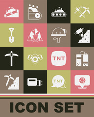 Set Gem stone, Mine entrance, Construction jackhammer, Conveyor belt carrying coal, Shovel, and Miner helmet icon. Vector