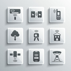 Set Mobile with wi-fi wireless, Satellite dish, Smart home, Web camera, Cloud download, Air conditioner and icon. Vector