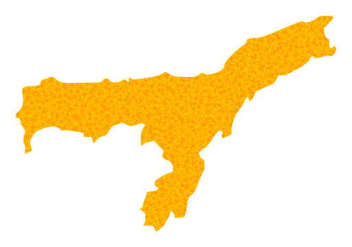 Vector Golden map of Assam State. Map of Assam State is isolated on a white background. Golden items texture based on solid yellow map of Assam State.