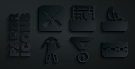 Set Medal, Windsurfing, Wetsuit for scuba diving, Swimming pool, Water polo and Paddle icon. Vector