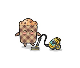 cute muffin holding vacuum cleaner illustration