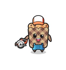 the woodworker muffin mascot holding a circular saw