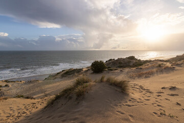 Mazagon beach, in the province of Huelva, Spain. One of the most beautiful beaches in Spain. Concept of going to the most beautiful places on vacation.
